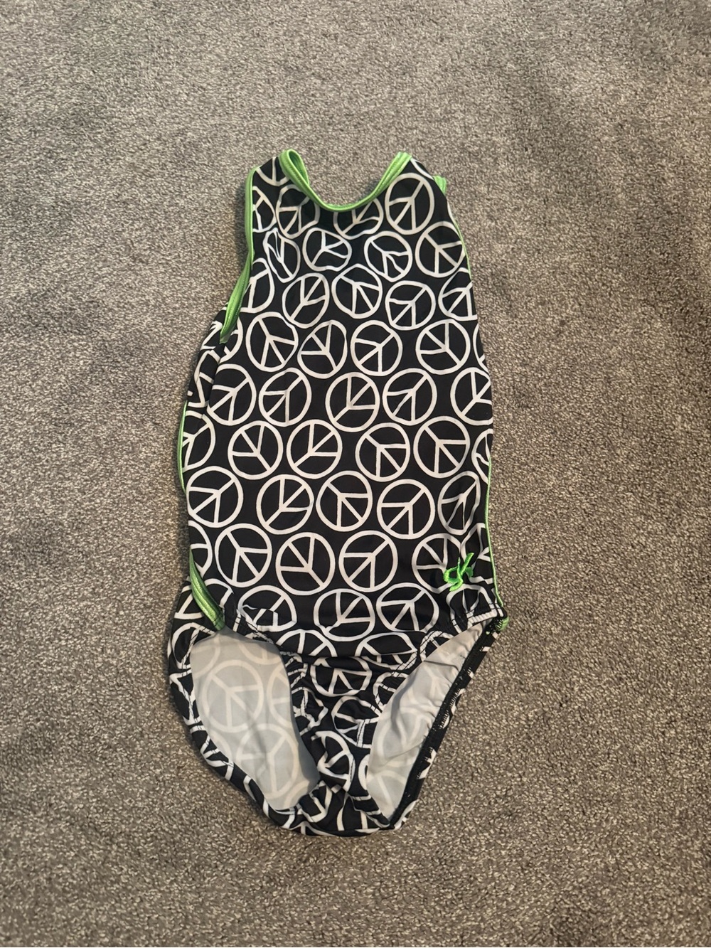 GK Elite Black Peace Sign Lime Trim Gymnastics Leotard Sz AXS